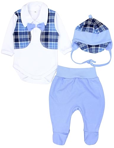 TupTam Baby Kleidung Set Body Strampelhose Mütze Bekleidungsset Jungen Mädchen, Farbe: Blau/Fliege/Kariert, Größe: 74 von TupTam