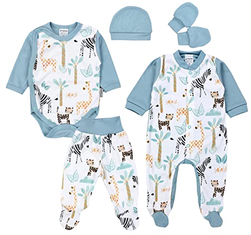 TupTam Baby Kleidung Set Jungen Langarm Bekleidung Neugeborene Füßlingen Hose Body Strampler Mütze 5 tlg, Farbe: Safari Grün, Größe: 50 von TupTam
