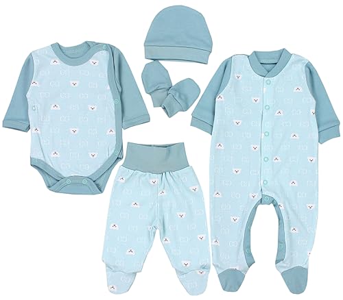 TupTam Baby Kleidung Set Jungen Langarm Bekleidung Body Neugeborene Füßlingen Hose Body Strampler Mütze 5 tlg, Farbe: Bärchen CC/Mintgrün, Größe: 62 von TupTam