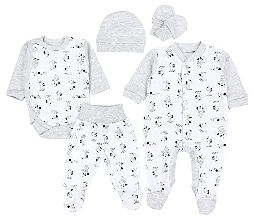 TupTam Baby Kleidung Set Jungen Langarm Bekleidung Body Neugeborene Füßlingen Hose Body Strampler Mütze 5 tlg, Farbe: Hunde Grau/Weiß, Größe: 50 von TupTam