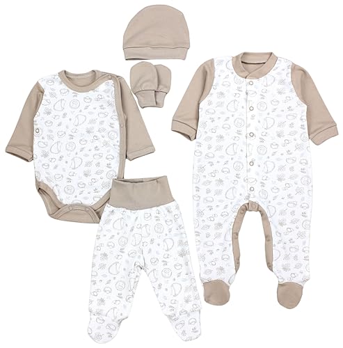 TupTam Baby Kleidung Set Jungen Langarm Bekleidung Neugeborene Füßlingen Hose Body Strampler Mütze 5 tlg, Farbe: Igel Beige, Größe: 56 von TupTam