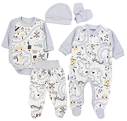 TupTam Baby Kleidung Set Jungen Langarm Bekleidung Body Neugeborene Füßlingen Hose Body Strampler Mütze 5 tlg, Farbe: Straße/Grau/Beige, Größe: 50 von TupTam