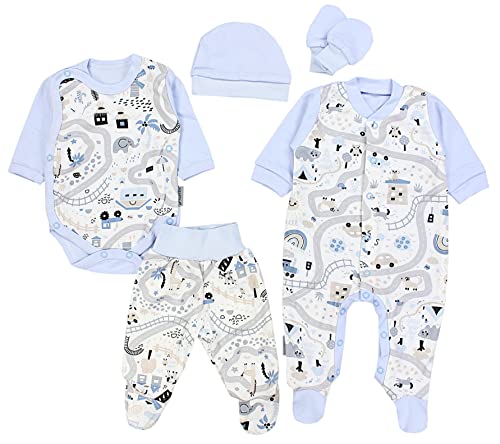 TupTam Baby Kleidung Set Jungen Langarm Bekleidung Body Neugeborene Füßlingen Hose Body Strampler Mütze 5 tlg, Farbe: Straße/Grau/Blau, Größe: 50 von TupTam