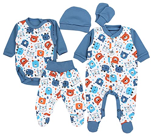 TupTam Baby Kleidung Set Jungen Langarm Bekleidung Body Neugeborene Füßlingen Hose Body Strampler Mütze 5 tlg, Farbe: Teddybär Blau, Größe: 50 von TupTam
