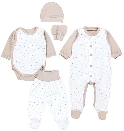 TupTam Baby Kleidung Set Jungen Langarm Bekleidung Neugeborene Füßlingen Hose Body Strampler Mütze 5 tlg, Farbe: Sternchen Schwarz Beige Ecru, Größe: 50 von TupTam