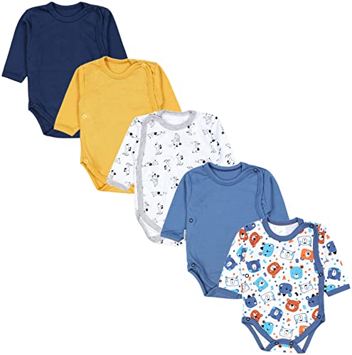 TupTam Baby Langarm Wickelbody Mädchen Body Jungen im 5er Set, Farbe: Bärchen Hundchen Jeansblau Senfgelb Dunkelblau, Größe: 68 von TupTam