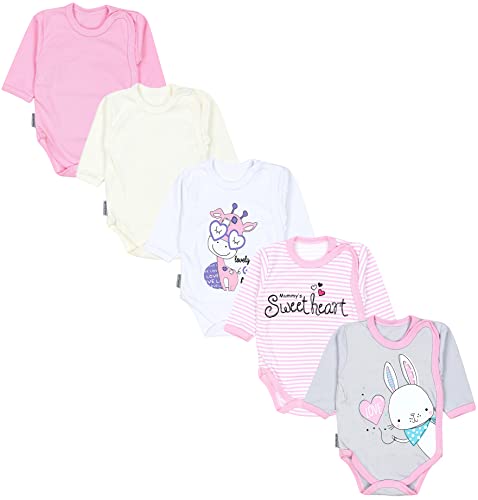 TupTam Baby Langarm Wickelbody Mädchen Body Jungen im 5er Set, Farbe: Streifen Giraffe Kaninchen Rosa Weiß Grau, Größe: 62 von TupTam