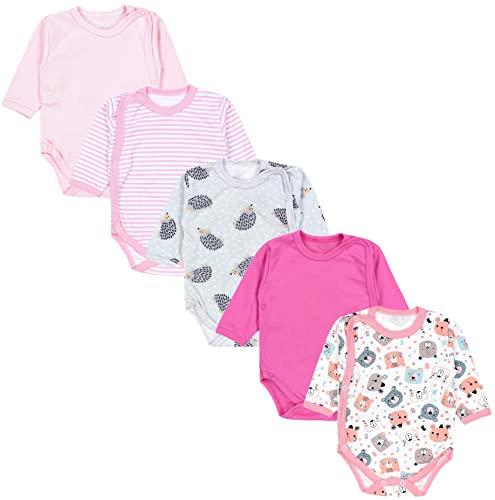 TupTam Baby Langarm Wickelbody Mädchen Body Jungen im 5er Set, Farbe: Streifen Rosa Igel Grau Bärchen Koralle, Größe: 80 von TupTam