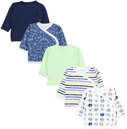 TupTam Baby Langarm Wickelshirt 5er Set aus Oeko-TEX zertifizierten Stoffen Unisex, Farbe: Elefanten Braun Dino Dunkelblau Streifen Grün, Größe: 74 von TupTam