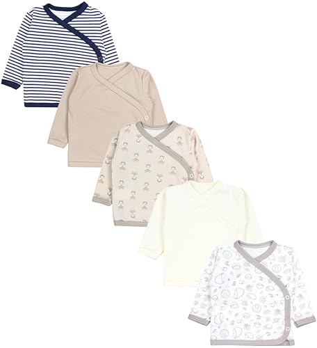 TupTam Baby Langarm Wickelshirt 5er Set aus Oeko-TEX zertifizierten Stoffen Unisex, Farbe: Igel Füchse Streifen Ecru Beige Dunkelblau, Größe: 50 von TupTam