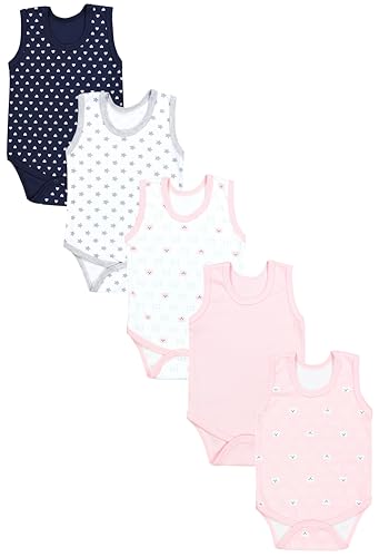 TupTam Baby Body Mädchen 5er Pack – Ärmelloser Body Baby aus Baumwolle, Ideal als Unterwäsche oder im Sommer, Farbe: Bärchen Rosa Weiß Herzen Dunkelblau Sterne Grau Apricot, Größe: 92 von TupTam
