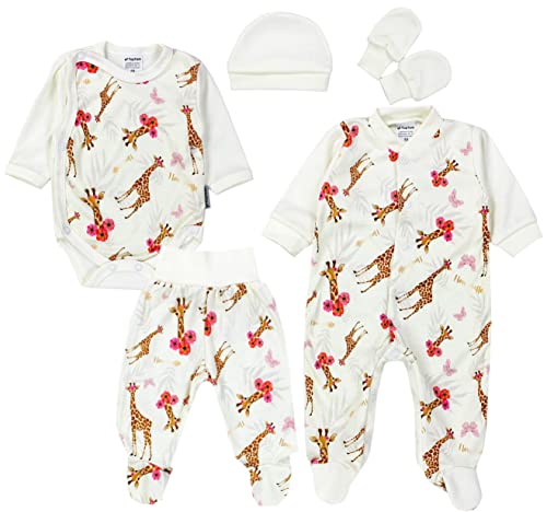 TupTam Baby Mädchen Bekleidung Set Langarm Hose Body Strampler Hose Mütze Neugeborene Handschuhe 5 tlg, Farbe: Giraffe Ecru, Größe: 68 von TupTam