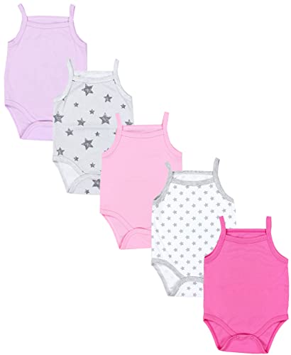 TupTam Baby Mädchen Body Ärmellos Sommer Babybody mit Spaghettiträger 5er Pack, Farbe: Rosa Lila Pink Grau Sterne, Größe: 104 von TupTam