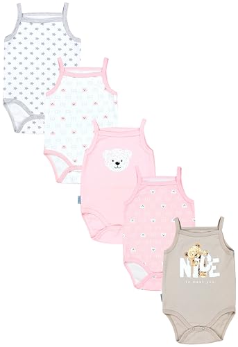 TupTam Baby Mädchen Body Ärmellos Sommer Babybody mit Spaghettiträger 5er Pack, Farbe: Bärchen Rosa Weiß Sterne Grau Nice Teddy Beige, Größe: 110 von TupTam