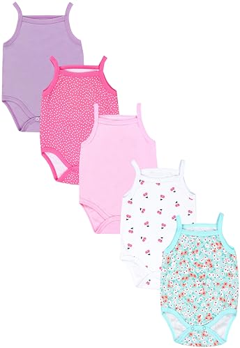 TupTam Baby Mädchen Body Ärmellos Sommer Babybody mit Spaghettiträger 5er Pack, Farbe: Gänseblümchen Punkte Rosa Lila Kirschen, Größe: 110 von TupTam