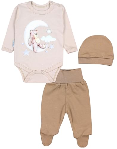 TupTam Baby Mädchen Jungen Bekleidungsset Langarmbody Hose Mütze mit Aufdruck Spruch 3 teilig, Farbe: Bärchen auf dem Mond Beige, Größe: 74 von TupTam