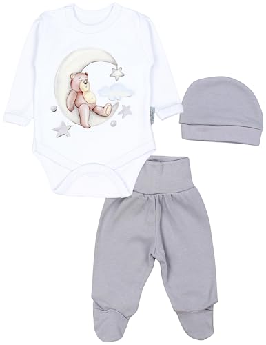 TupTam Baby Mädchen Jungen Bekleidungsset Langarmbody Hose Mütze mit Aufdruck Spruch 3 teilig, Farbe: Bärchen auf dem Mond Weiß Grau, Größe: 56 von TupTam