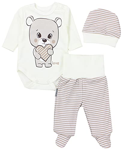 TupTam Baby Mädchen Jungen Bekleidungsset Langarmbody Hose Mütze mit Aufdruck Spruch 3 teilig, Farbe: Love Teddy/Streifen Beige Ecru, Größe: 50 von TupTam