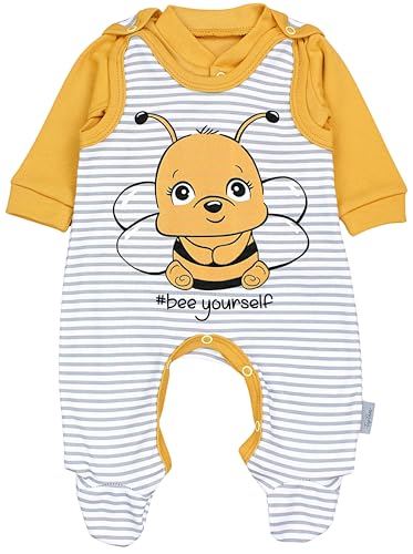 TupTam Baby Mädchen Jungen Strampler mit Langarmshirt Aufdruck Spruch 2 teilig, Farbe: Biene Gelb/Streifen Grau, Größe: 56 von TupTam