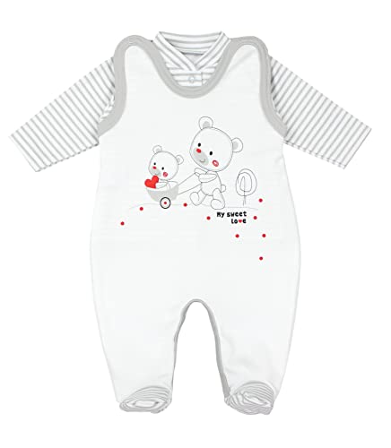 TupTam Baby Mädchen Jungen Strampler mit Langarmshirt Aufdruck Spruch 2 teilig, Farbe: Streifenmuster Grau/Bärchen Herz, Größe: 50 von TupTam