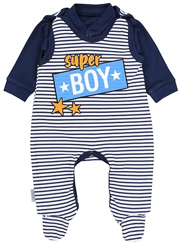 TupTam Baby Mädchen Jungen Strampler mit Langarmshirt Aufdruck Spruch 2 teilig, Farbe: Super Boy Streifen Weiß/Dunkelblau, Größe: 62 von TupTam