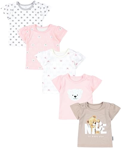 TupTam Baby Mädchen Kurzarm T-Shirt Gemustert Bunt 5er Set, Farbe: Bärchen Rosa Weiß Sterne Grau Nice Teddy Beige, Größe: 104 von TupTam