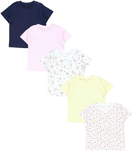 TupTam Baby Mädchen Kurzarm T-Shirt Gemustert Bunt 5er Set, Farbe: Blumen Rosa Gelb Dunkelblau, Größe: 86 von TupTam