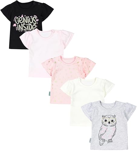 TupTam Baby Mädchen Kurzarm T-Shirt Gemustert Bunt 5er Set, Farbe: Genius Schwarz Eule Grau Meliert Herzen Apricot Rosa Ecru, Größe: 104 von TupTam