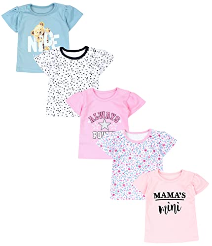 TupTam Baby Mädchen Kurzarm T-Shirt Gemustert Bunt 5er Set, Farbe: Mama's Mini Aprikose Girls Power Rosa Nice Teddy Mintgrün, Größe: 110 von TupTam