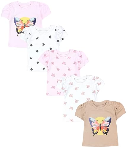 TupTam Baby Mädchen Kurzarm T-Shirt Gemustert Bunt 5er Set, Farbe: Schmetterling Rosa Weiß Pink, Größe: 98 von TupTam