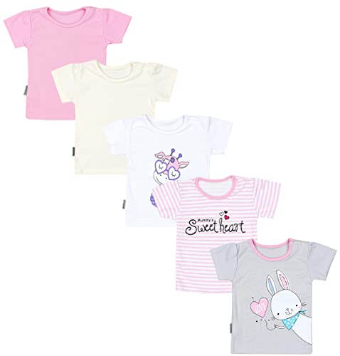 TupTam Baby Mädchen Kurzarm T-Shirt Gemustert Bunt 5er Set, Farbe: Streifen Giraffe Kaninchen Rosa Weiß Grau, Größe: 68 von TupTam