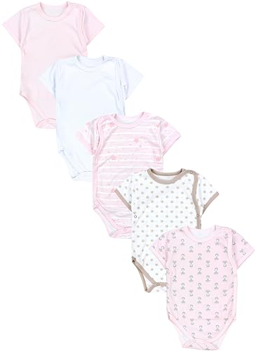 TupTam Baby Mädchen Kurzarm Wickelbody Baumwolle 5er Set, Farbe: Fuchs Rosa Streifen Sterne Weiß Beige, Größe: 56 von TupTam