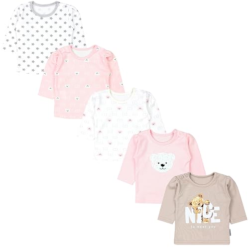 TupTam Baby Mädchen Langarmshirt Gestreift 5er Set, Farbe: Bärchen Rosa Weiß Sterne Grau Nice Teddy Beige, Größe: 104 von TupTam