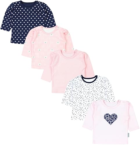 TupTam Baby Mädchen Langarmshirt Gestreift 5er Set, Farbe: Dunkelblau Blumen Hellrosa Herzen Aprikose Bären, Größe: 80 von TupTam