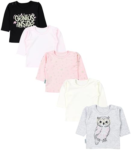 TupTam Baby Mädchen Langarmshirt Gestreift 5er Set, Farbe: Genius Schwarz Eule Grau Meliert Herzen Apricot Rosa Ecru, Größe: 56 von TupTam