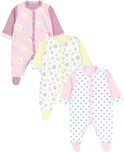 TupTam Baby Mädchen Schlafstrampler Strampler mit Fuß Schlafanzug 3er Pack, Farbe: Monde Apricot/Mini Zoo Gelb/Sterne Grau Rosa, Größe: 62 von TupTam