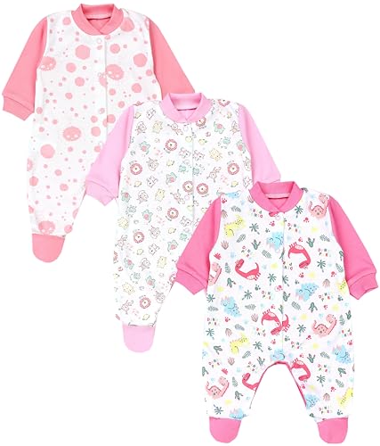 TupTam Baby Mädchen Schlafstrampler mit Fuß 3er Pack, Farbe: Dino/Zoo/Tupfen/Rosa, Größe: 50 von TupTam