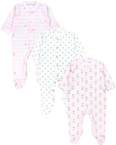 TupTam Baby Mädchen Schlafstrampler mit Fuß 3er Pack, Farbe: Fuchs Rosa Streifen Sterne Beige, Größe: 50 von TupTam