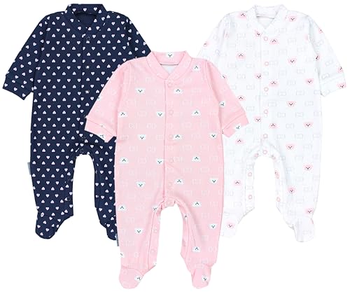 TupTam Baby Mädchen Schlafstrampler mit Fuß 3er Pack, Farbe: Herzen Dunkelblau/Bärchen Rosa Weiß, Größe: 56 von TupTam