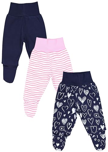TupTam Baby Mädchen Strampelhose Hose mit Fuß 3er Pack, Farbe: Blau Herzen Pink Streifen, Größe: 56 von TupTam