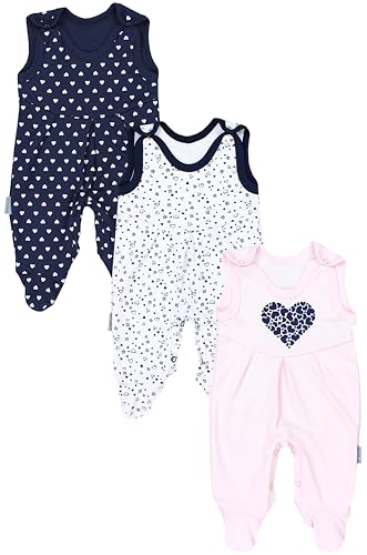 TupTam Baby Mädchen Strampler mit Fuß 3er Pack, Farbe: Herz Rosa Herzchen Dunkelblau Blümchen Weiß, Größe: 68 von TupTam