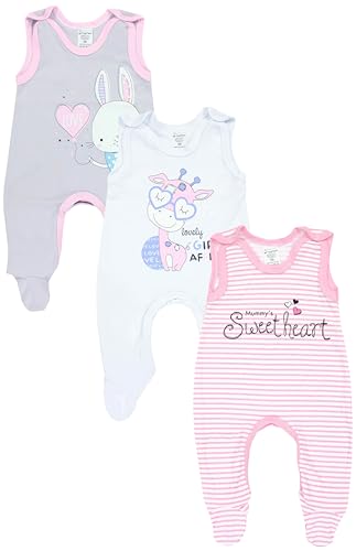 TupTam Baby Mädchen Strampler mit Fuß 3er Pack, Farbe: Streifen Giraffe Kaninchen Rosa Weiß Grau, Größe: 62 von TupTam