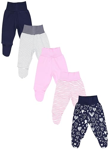 TupTam Baby Strampelhose Jungen Mädchen Hose mit Fuß 5er Pack, Farbe: Pink Streifen Blau Herzen Grau, Größe: 86 von TupTam