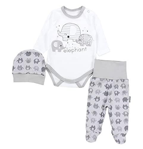 TupTam Baby Mädchen Jungen Bekleidungsset Langarmbody Hose Mütze mit Aufdruck Spruch 3 teilig, Farbe: Graue Elefanten/Weiß, Größe: 68 von TupTam