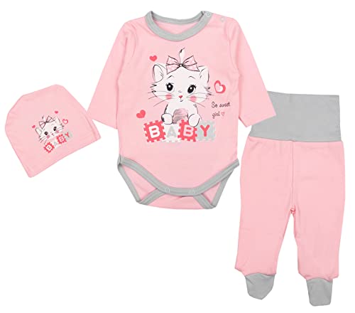 TupTam Baby Mädchen Jungen Bekleidungsset Langarmbody Hose Mütze mit Aufdruck Spruch 3 teilig, Farbe: Katze Aprikose/Grau, Größe: 56 von TupTam