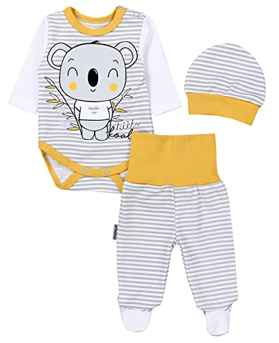 TupTam Baby Mädchen Jungen Bekleidungsset Langarmbody Hose Mütze mit Aufdruck Spruch 3 teilig, Farbe: Koala Streifen Grau/Gelb, Größe: 50 von TupTam