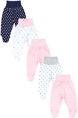 TupTam Baby Unisex Hose mit Fuß Bunte 5er Pack, Farbe: Bärchen Rosa Weiß Herzen Dunkelblau Sterne Grau Apricot, Größe: 56 von TupTam