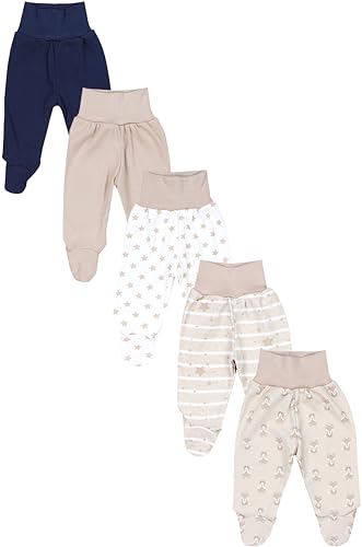 TupTam Baby Unisex Hose mit Fuß Bunte 5er Pack, Farbe: Fuchs Beige Sterne Streifen Weiß Dunkelblau, Größe: 50 von TupTam