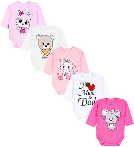 TupTam Baby Unisex Langarm Body mit Aufdruck Spruch 5er Pack, Farbe: I love Mum Dad Weiß Katze Maus Rosa Bär Ecru, Größe: 68 von TupTam