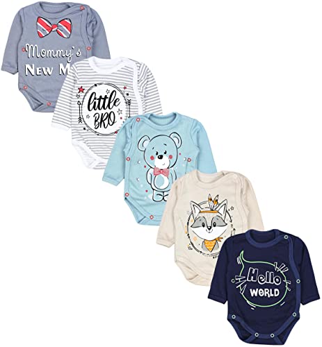 TupTam Baby Unisex Langarm Wickelbody Print/Uni 5er Pack, Farbe: Little Bro Blau Grau Bärchen Fuchs Beige, Größe: 50 von TupTam